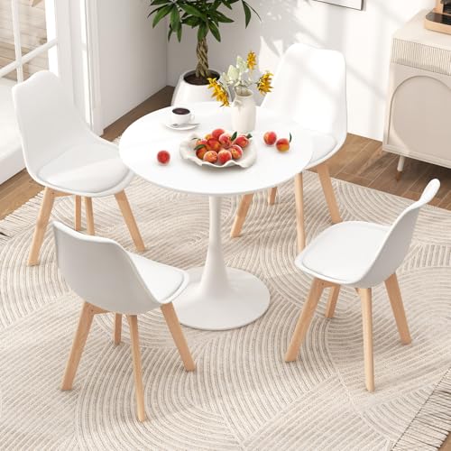 Tangkula Round Dining Table Set for 4, Kitchen Table Set with Padded Seat & Solid Wood Legs, Round Kitchen Table and Chairs for Small Space, Black (White) Tangkula