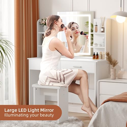 SMOOL Vanity Desk with Lighted Mirror - Makeup Vanity Table with 3 Color Light Options Adjustable Brightness, Vanity with 6 Storage Shelves, 2 Large Drawers, Vanity Set for Girls Women, White SMOOL