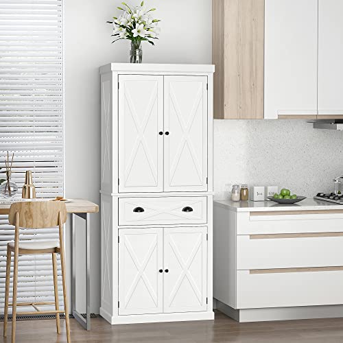 HOMCOM 72" White Traditional Kitchen Pantry Cabinet with Adjustable Shelves and Large Drawer HOMCOM