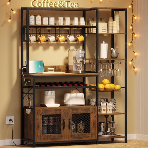 UPOSOJA Rustic Brown Bakers Rack with Power Outlet and Multifunctional Storage Solutions UPOSOJA