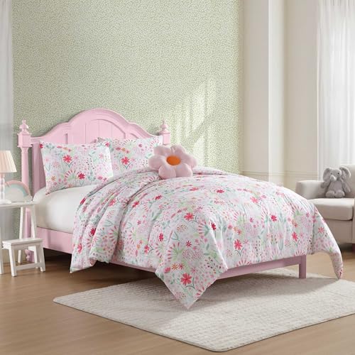 Laura Ashley - Kids Comforter Set, 100% Super Soft Toddler Bedding with Matching Sham & Bonus Decorative Pillow, Ideal Girl Room Essentials (Sunshine Flowers Pink, Twin) Laura Ashley