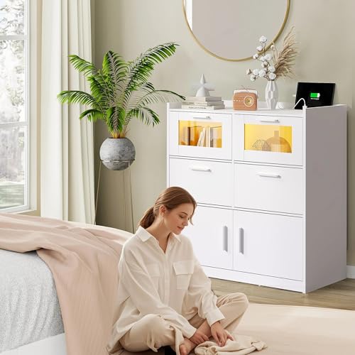 VECELO Dresser for Bedroom with Charge Station and Lights, Chest of 4 Drawers Closet with Raised Edge and Bottom Storage Cabinet, Wooden Organizer for Hallway Living Room, White VECELO