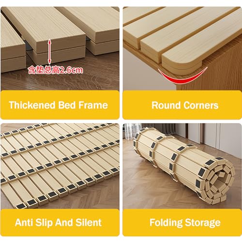 Folding Bed Frame, Natural Solid Wood Bed Frame,Japanese Platform Bed Frame Wooden Slatted Pallet Floor Bed, Roll-Up Slatted, 79" Lx39.4 W SUZEPER