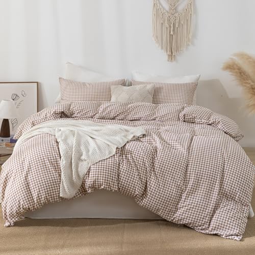 YHJWW Tan Gingham Duvet Cover Bedding Set Prewashed Extra Soft Comfy Breathable 3 Piece Brown Plaid Checkered Grid Vintage Comforter Cover Set Cute Aesthetic (Full 80"x90", No Comforter) YHJWW