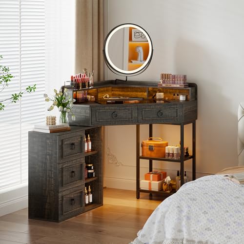 MDGC Corner Vanity Desk with Rotating Mirror and Lights,Glass Top Makeup Vanity with Human Body Senor&Charging Station,LED Vanity Table Set with 5 Drawers and Shelves for Bedroom MDGC