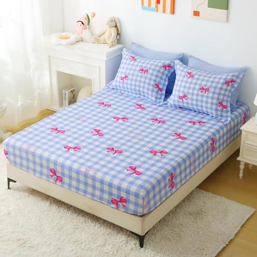 Wajade Bow Comforter Set 7 Piece Blue White Plaid Comforter Sets for Girls Kids Twin Size Checkered Bedding Set with Sheet and 2 Pillowcases 2 Pillow Shams Cute Girls Bed in a Bag as Birthday Choice Wajade