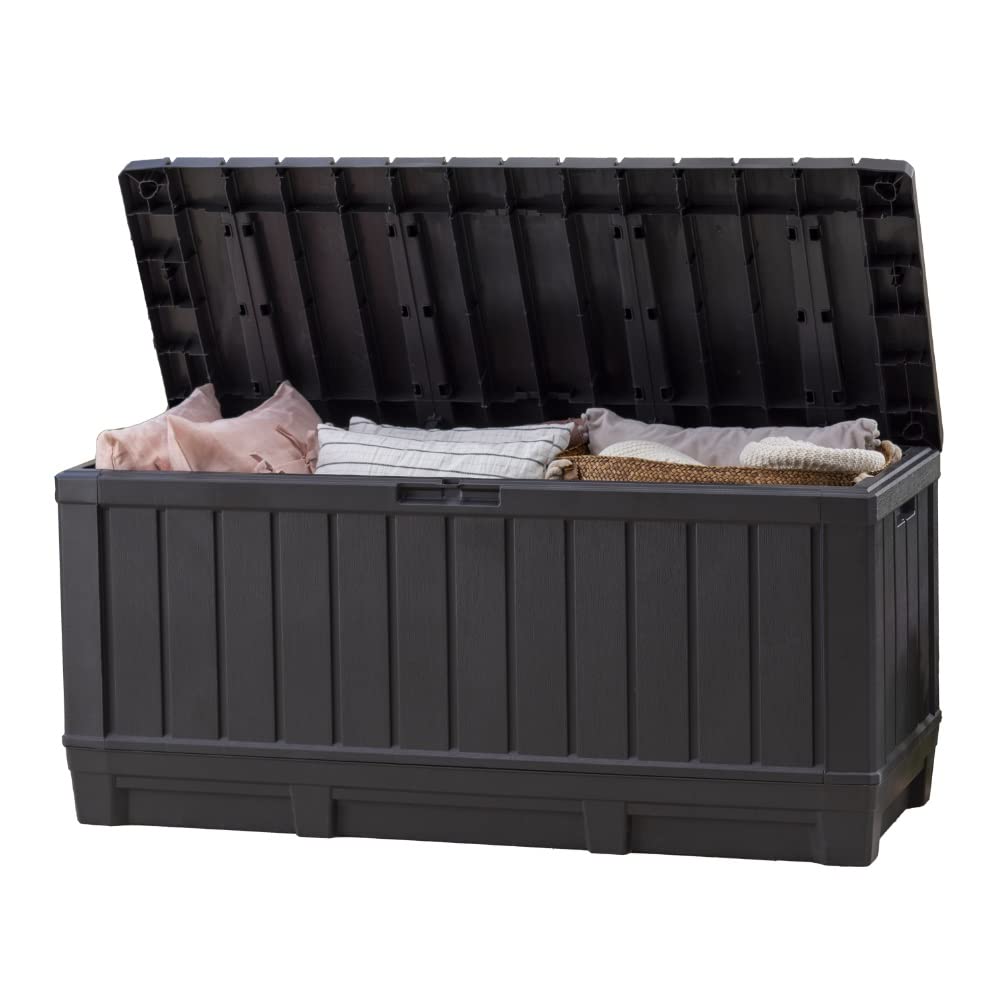 Keter Kentwood 92 Gallon Resin Deck Box-Organization and Storage for Patio Furniture Outdoor Cushions, Throw Pillows, Garden Tools and Pool Floats, Dark Grey Keter