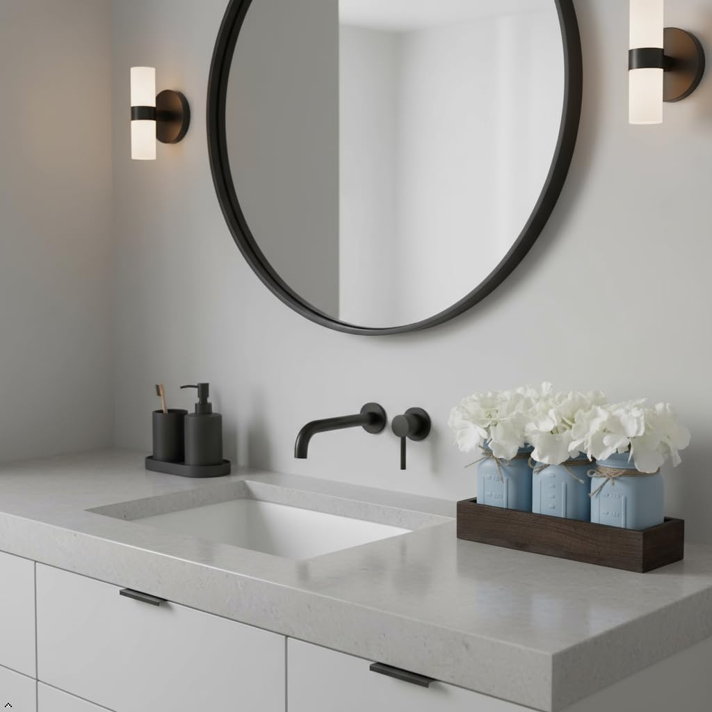 Mkono Mason Jar Centerpiece Decorative Wood Tray with 3 Painted Jars Artificial Flowers Rustic Country Farmhouse Thanksgiving Decoration for Coffee Table Dining Room Living Room Kitchen Mkono