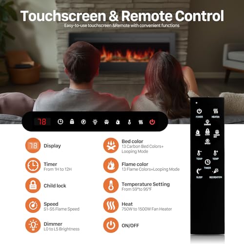 Sweetcrispy 50" Electric Fireplace Wall Mounted or Recessed Insert, 1500W/750W Freestanding Fireplaces Heater with Remote Control,13 Adjustable Flame Color, 12H Timer, Touch Screen Sweetcrispy