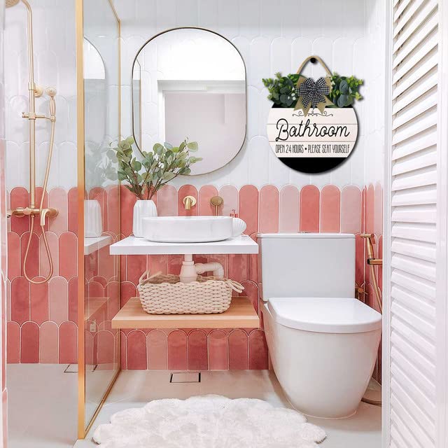 Bathroom Decor,Bathroom Open 24 Hours Please Seat Yourself Sign,Rustic Round Wooden Wreath Sign,Modern Farmhouse Home Accent For All The Seasons Hilonret