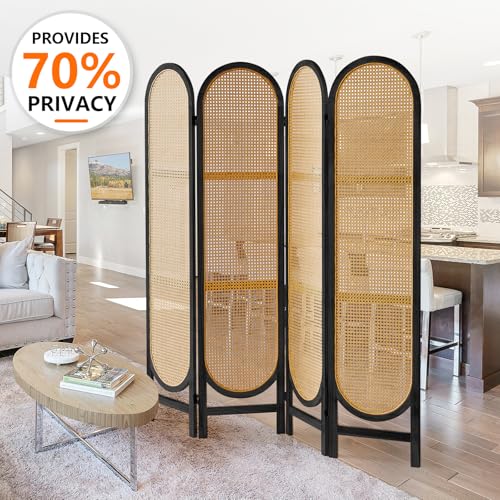 Asnefeli 4 Panel Room Divider, Double Hinged Foldable Wooden Room Divider, Individual Privacy Screen Made of Hand-Woven Rattan, Portable Wall Divider for Home Office Bedroom Bathroom (Black Natural) Asnefeli