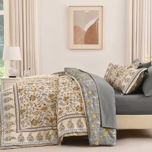 Dinjoy Boho Comforter Set Queen,Beige Brown Bedding Paisley Floral 7 Piece Bed in a Bag Reversible Lightweight Bohemain Comforters with Sheet Sets for All Season Dinjoy