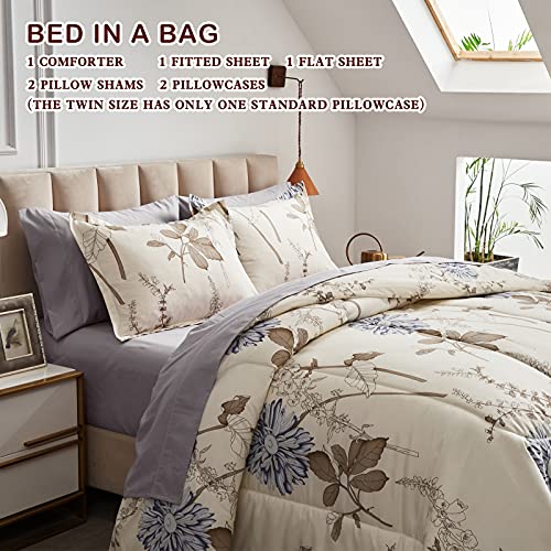 Joyreap 7 Piece Bed in a Bag California King, Flower Botanical Smooth Soft Microfiber Floral Comforter Set for All Season (1 Comforter, 2 Pillow Shams, 1 Flat Sheet, 1 Fitted Sheet, 2 Pillowcases) Joyreap