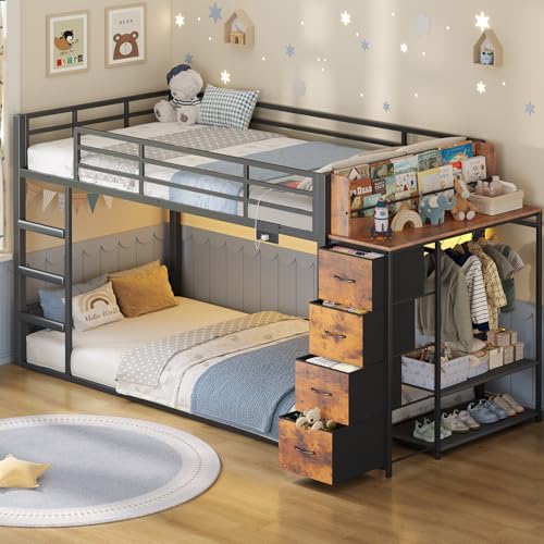ADORNEVE Low Bunk Bed Twin Over Twin with Bookshelf, 4 Storage Drawers, Metal Kids Bunk Bed with Power Outlet & RGB Lights, Clothing Rack & Shelves, Safety Guardrail & Ladder, Black ADORNEVE