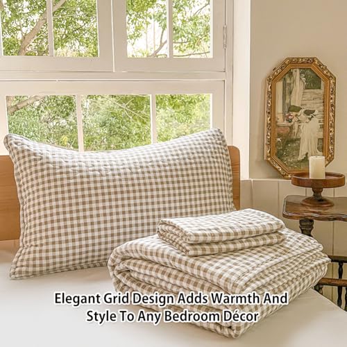NSNLGSGC Tan Gingham Twin Quilt Set, Soft Pre-Washed Microfiber Taupe Plaid Twin Bedspread, Lightweight Checked Summer Quilt, Grid Bedding Coverlets for All Seasons (Includes 1 Quilt, 1 Pillow Sham) NSNLGSGC