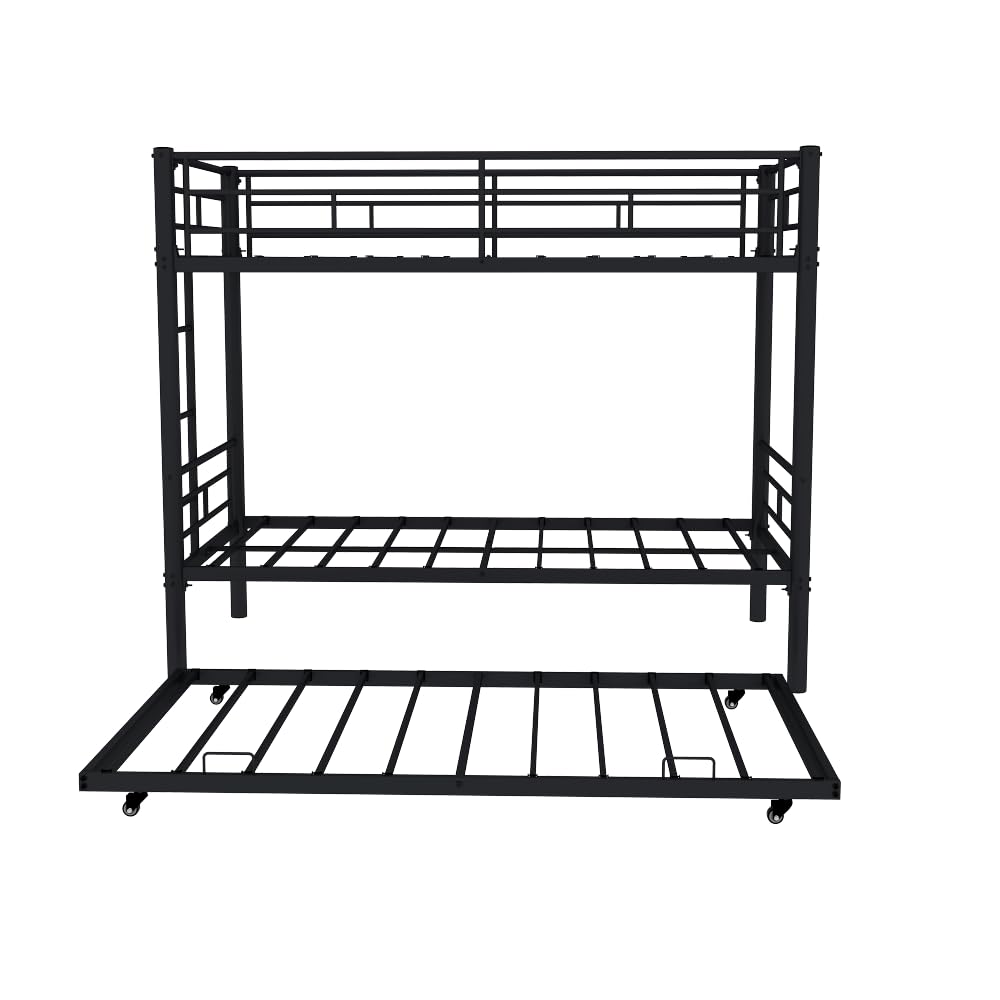 Beaunicorn Triple Bunk Bed, Heavy-Duty Metal 3 Bunk Bed Twin Over Twin for Kids Adults, 78.10" x 41.40" x 61.00" Noise Reduced, with Safety Guardrail, No Box Spring Needed (Black) Beaunicorn