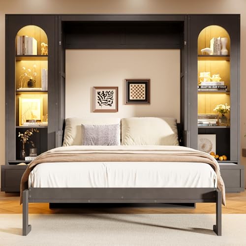 Merax Queen Size Murphy Platform Bed with Shelf, Side Cabinets, Drawers and LED, Gray Merax
