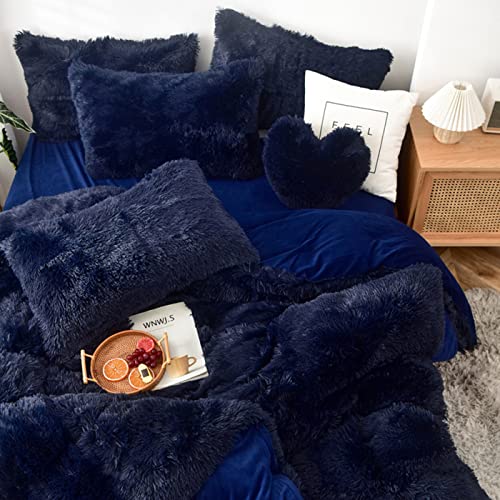 MorroMorn 5 PCS Shaggy Duvet Cover Bedding Set - Long Faux Fur Luxury Ultra Soft (Navy, Full/Queen) MorroMorn