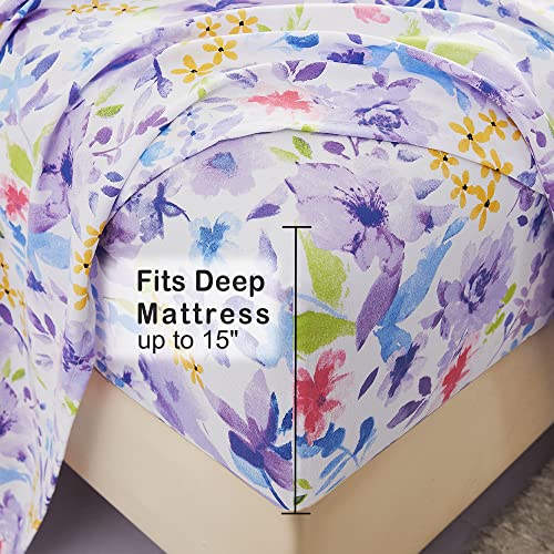 Mooreeke Floral Full Sheets, Soft Breathable Microfiber Vintage Printed Bed Sheet Set, Deep Pocket Non-Slip Fitted Sheet Included, Purple Flower Pattern Mooreeke
