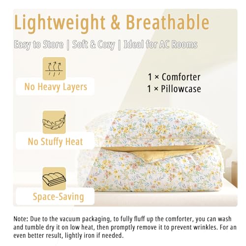 ALEISSEL Natural Cotton 2pcs Floral Comforter Sets Twin Size-Yellow Comforter with Pink & Yellow Flowers and Blue & Green Leaves on White, Reversible Lightweight Bedding Sets(Twin 68"×90") ALEISSEL