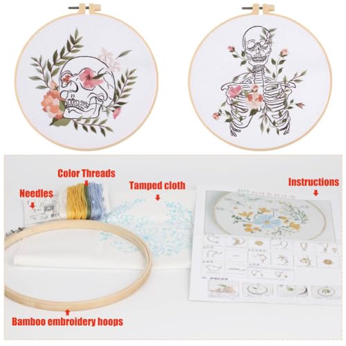 Yangshine 2 Sets Human Anatomy Embroidery Kit for Beginners,Flower with Skull Patterns Cross Stitch Kits,Including Embroidery Hoops, Fabric,Color Threads,Needles,Instructions and Tool Kit