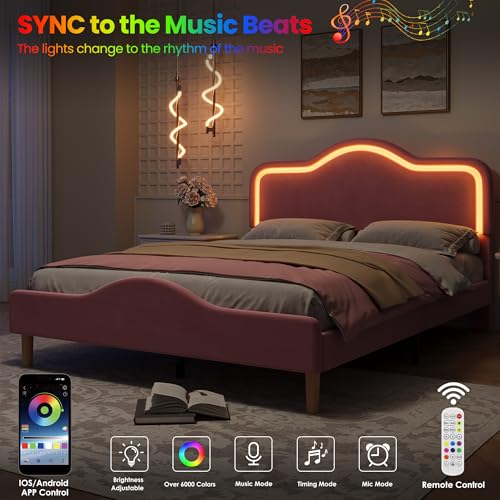 GarveeHome Full Size LED Bed Frame with Adjustable Headboard & Footboard, Velvet Upholstered Princess Platform Bedframe for Kids/Girls, Wooden Slats Support, No Box Spring Needed, Easy Assembly GarveeHome