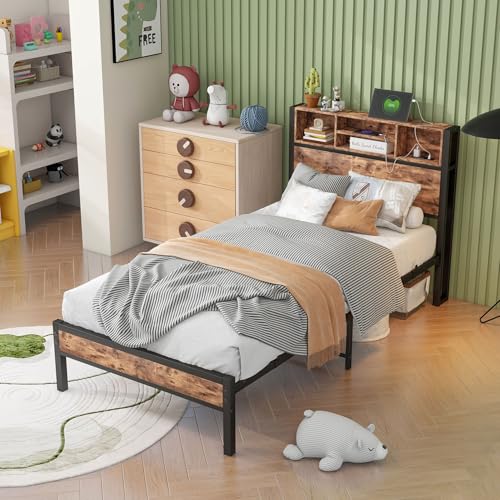Twin XL Bed Frames with Headboard Storage, Twin Bed Frame with Charging Station, Single Bed Frame with Heavy Duty Metal Slats, No Box Spring Need, Easy Assembly, Rustic Brown Doredo