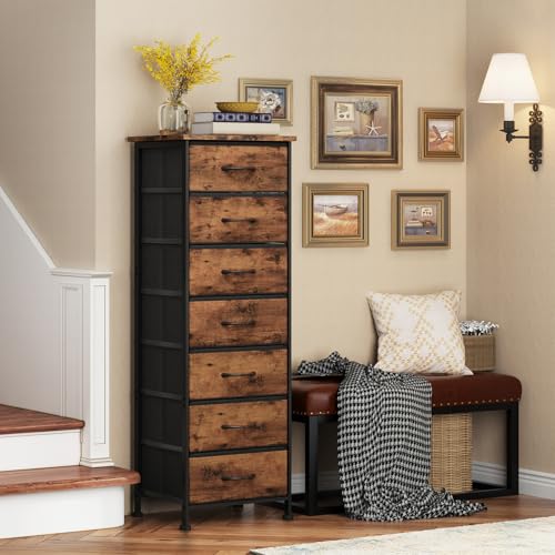 Fixwal Tall Dresser for Bedroom, Storage Dresser Organizer with 7 Fabric Drawers, Nightstand Furniture in Closet, Entryway, Hallway, Rustic Brown Wood Grain Print Fixwal