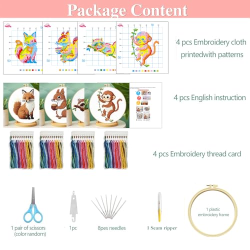 Zhenqing 4 Forest Animal Cross Stitch Kit for Beginners, 11CT Printed White Cotton Fabric 20x20cm with Hoop, Fox, Monkey, Squirrel, Raccoon Designs, Complete Embroidery Supplies(70749)