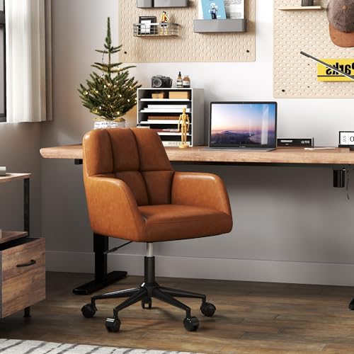 Brown Leather Desk Chair Office Chair with Mid Back Support Armrest, Adjustable-Height 360° Swivel Rolling Task Chair Home Office Modern Vanity Chair, Brown BESTANO
