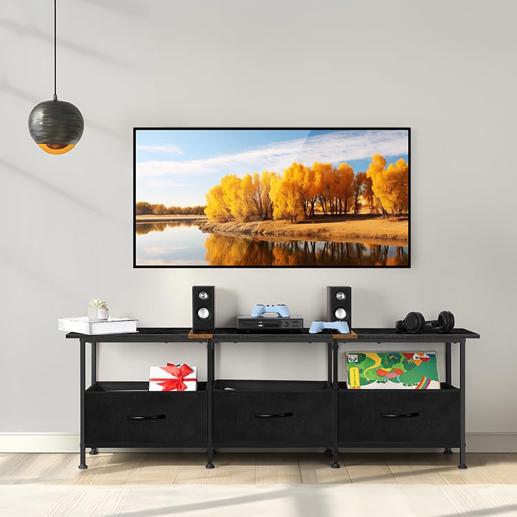 CADUKE Black TV Stand for 55 inch TV, Farmhouse Entertainment Center with 3 Fabric Drawers, Industrial TV Console Table for Bedroom, Living Room CADUKE