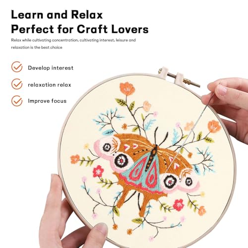 JOINRUN Embroidery Starter Kit for Beginners Adults: DIY Butterfly Cross Stitch Kit for Craft Lover Learn Hand Stitch, Includes Stamped Pattern,Hoop, Easy to Follow Instruction and Video