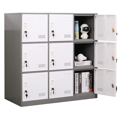 iCHENGGD Metal Locker 9 Door Storage Cabinet, Steel Storage Lockers for Employees, with Lock and Ventilation, Office School Gym Use (Grey)