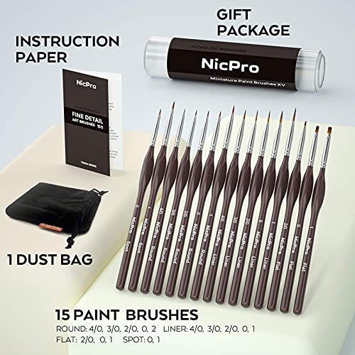 Nicpro Micro Detail Paint Brush Set,15 Small Professional Artist Miniature Fine Detail Brushes for Art Watercolor Oil Acrylic,Craft Models Rock Painting Citadel & Paint by Number -Come with Holder Nicpro