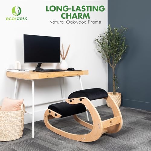 Ecordesk Ergonomic Kneeling Chair, Adjustable Seat - Office Chair for Desk, Posture Corrector, Premium Comfort Cushion, Wooden Rocking Knee Chair (Black) Ecordesk