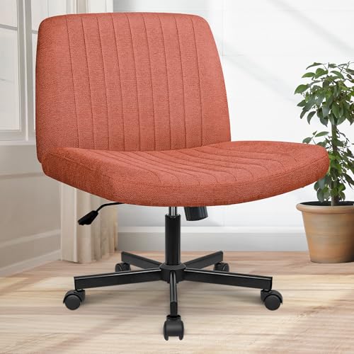 Orange Factory Criss Cross Chair Wheels Wide Cross Legged Office Desk Vanity Chair Comfy Fabric Armless Adjustable Swivel for Home Computer Task (Brown) Orange Factory