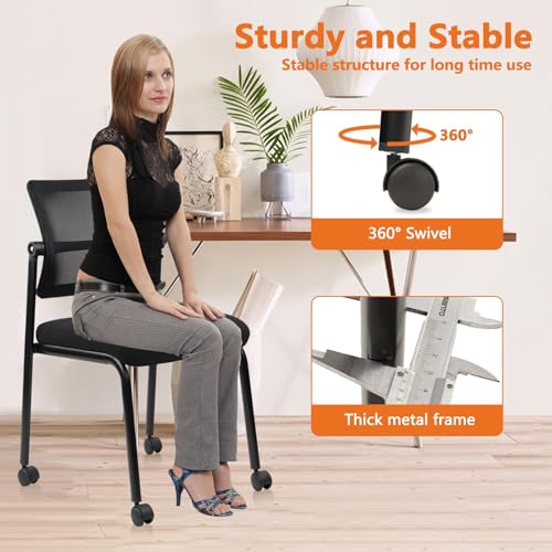 CLATINA 8PK Mesh Stacking Office Desk Chairs with Wheels, Portable Stackable Bulk Waiting Room Armless Chair with Adjustable Back & Fabric Seat for Guest Lobby Side School Church Conference Break CLATINA