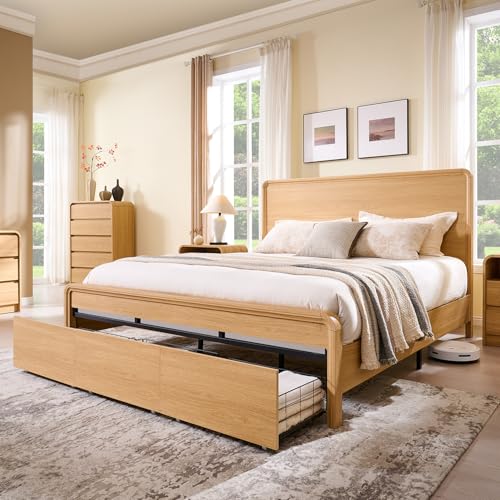 Aitjunz Modern King Size Bed Frame with 50" Tall Headboard, Wood King Size Platform Bed Frame w/3 Storage Drawers, Curved Profile Design, Wood & Steel Platform Bed, No Box Spring Needed, Natural Oak Aitjunz