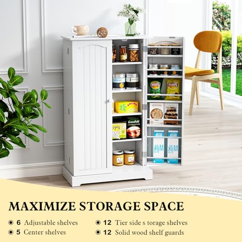 HOLTICO 41'' Freestanding Pantry Cabinet, Kitchen Pantry Storage Cabinet with Doors and Adjustable Shelves, Food Pantry Cabinet for Kitchen, Dining Room, Living Room and Garage,Snow White HOLTICO
