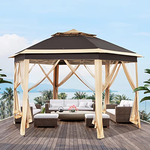 Yaheetech 13x13 Pop up Gazebo, Hexagonal Outdoor Canopy Shelter, Instant Patio Gazebo Sun Shade Canopy Tent with Double Tiers & Mesh Netting for Lawn, Garden, Backyard & Deck, Khaki/Brown Yaheetech