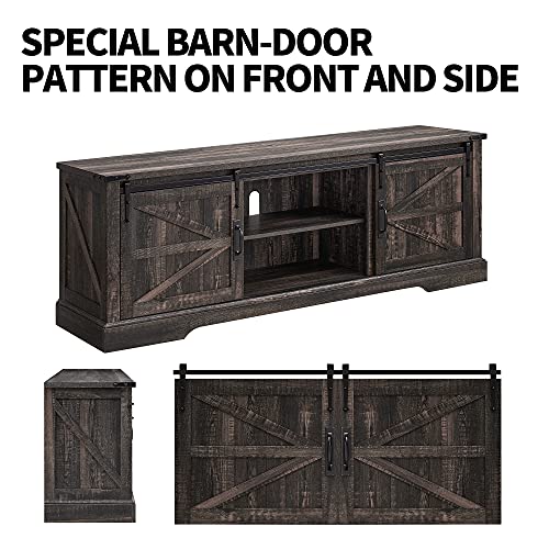 OKD Farmhouse TV Stand for 75 Inch TV with Sliding Barn Door, Rustic Wood Entertainment Center Large Media Console Cabinet Long Television Stands for 70 Inch TVs, Dark Rustic Oak OKD