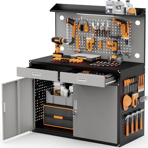 Rumetol 65" Heavy Duty Garage Workbench with Storage Drawers & Pegboard,2000lbs Capacity Metal Work Bench with Lockable Magnetic Cabinets,Adjustable LED Light for Workshop/Garage Rumetol