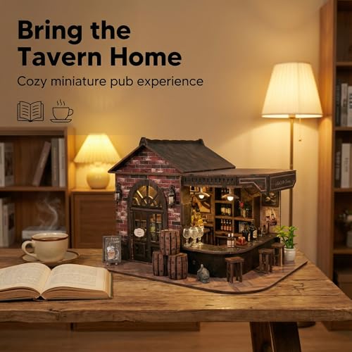 Book Nook Kit, 3D Wooden Miniature Tavern & Pub Dollhouse with LED Lights - DIY Mini House Craft Model for Adults, Birthday Valentine's Day Gift for Women Men