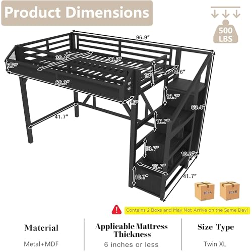 Bellemave Twin XL Loft Bed with Storage Stairs, Shelves & Wardrobe, Twin XL Metal Loft Bed Frame with LED Lights & USB Ports for Kids Teens, Noise-Reduced Design, Black Bellemave