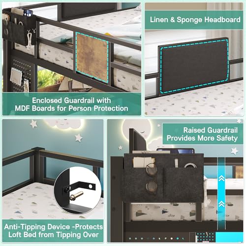 Loft Bed with Desk,Full Size loft bed, Loft Beds Full Size with 5 Fabric Storage Drawers & Stairs,Charging Station&LED Lights,Metal Bunk Bed with Desk, Removable Guard Ladder, Noise Free, Brown BYSAUD