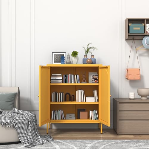 Yellow Metal Storage Cabinet Locker with 2-Adjustable Shelves 2 Door Multi-Purpose Organize Lockers 36‘’ Lockable Steel Sideboard with for Living Room Kitchen Entryway Size:36" H X 31.5" W X 13.8" D Kasfth