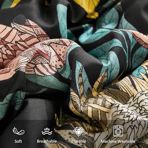 Luxudecor Queen Comforter Set 7 Pieces Bedding Sets, Black Floral Comforter and Sheet Set, Soft Microfiber Bed in a Bag for All Seasons (Black,90"x90") Luxudecor