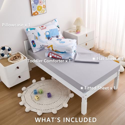 NacoMoco 4-Piece Cars Toddler Bedding Set for Boys Girls- Soft & Skin Friendly Toddler Bed Set Includes Toddler Comforter, Flat Sheet, Fitted Sheet and Pillowcase (Light Blue) NacoMoco