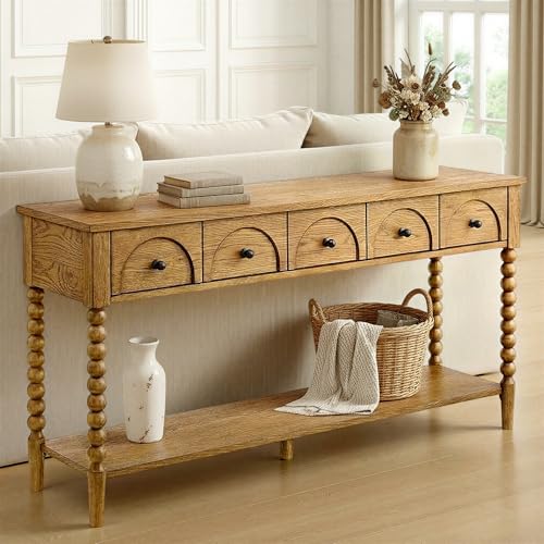 SAND STONE HOME Pembroke 58” Cottage Sofa Console Table with Drawers & Lower Shelf Storage, Narrow Entryway Table or Dining Server with Levelers | Prairie Oak Natural SAND STONE HOME