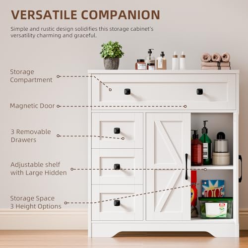 Vabches Farmhouse Storage Cabinet with 2 Doors and 4 Drawers, Freestanding Bathroom Storage Cabinet Kitchen Pantry, Floor Hutch Cupboard for Living Room/Bathroom/Kitchen,(Unique White) Vabches